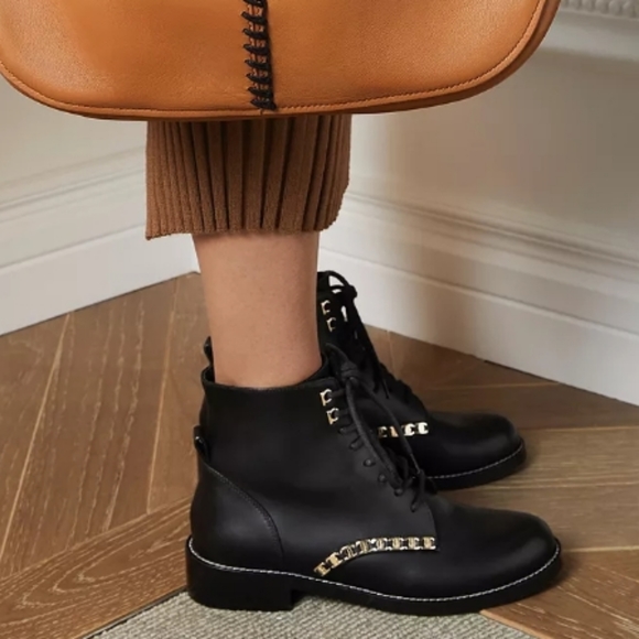 Salvatore Ferragamo Theodore Embellished Combat Boots Black -8 - Picture 4 of 8